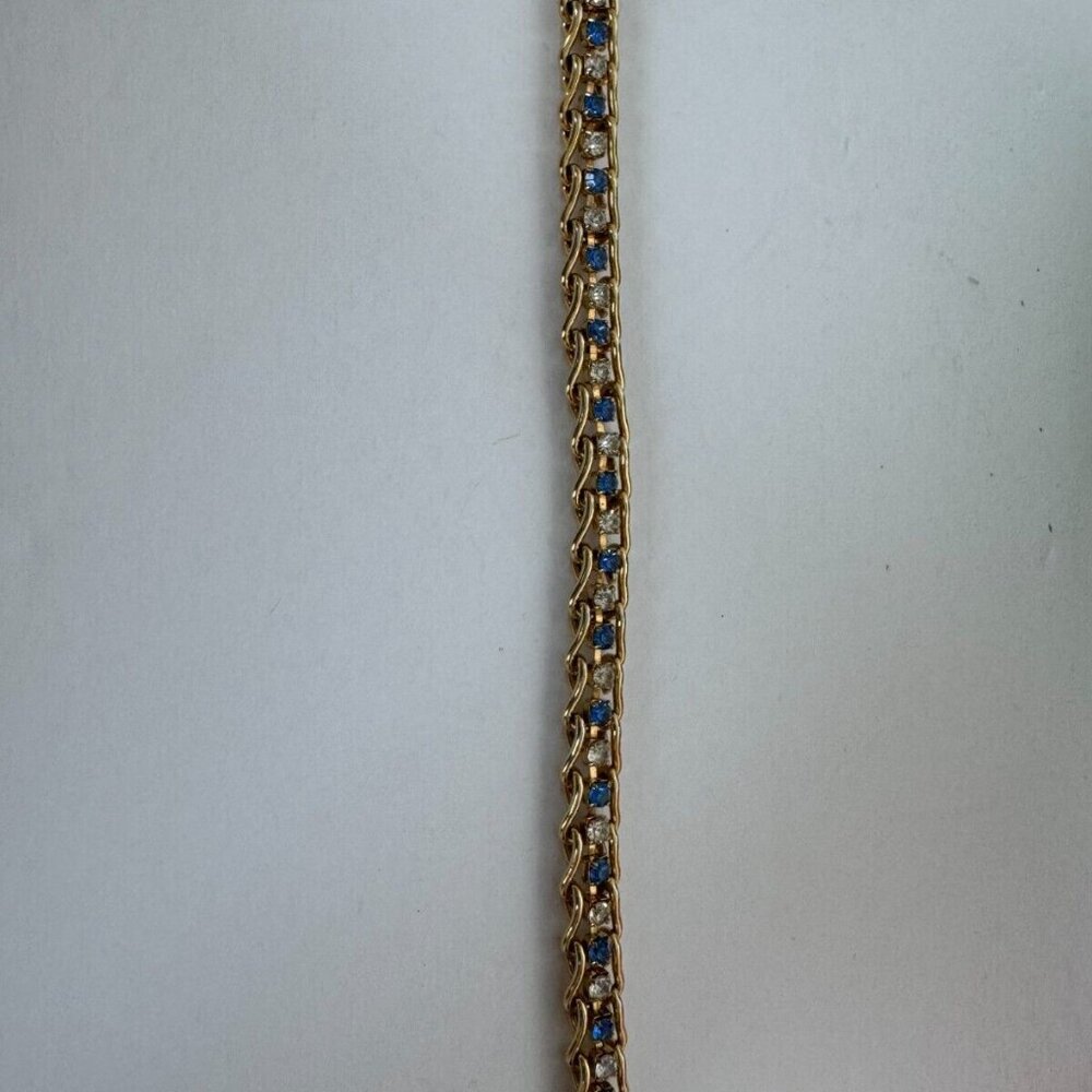 Blue White Rhinestones Tennis Bracelet Gold-Tone Fashion Jewelry - Picture 3 of 10